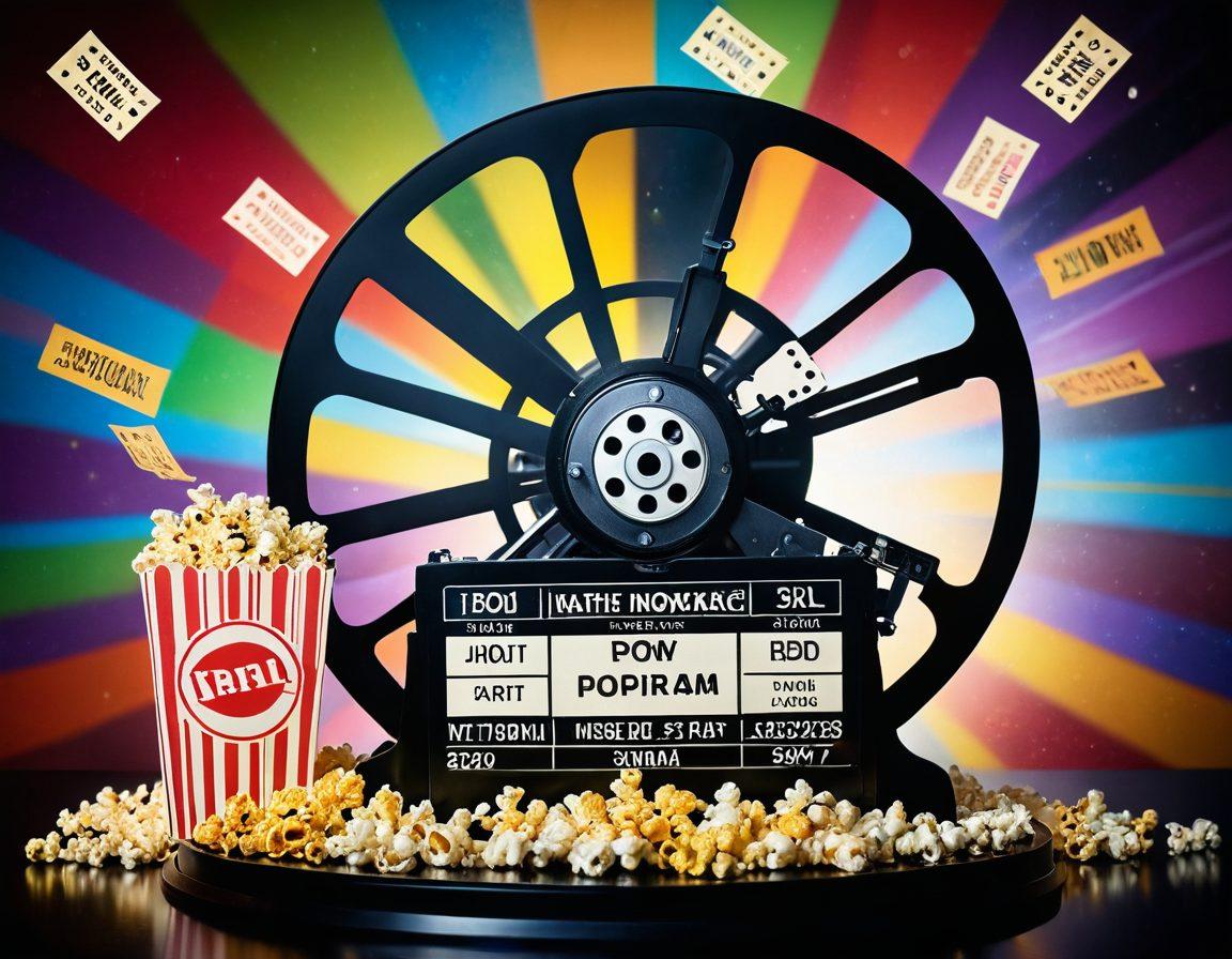 A dynamic collage featuring a vintage film projector casting vibrant light onto a film reel, interspersed with colorful movie tickets and popcorn. Illustrate buzzing filmgoers eagerly discussing movies, with a backdrop of a cinema marquee displaying showtimes. Include iconic film symbols like clapperboards and director's chairs for added excitement. vibrant colors. artistic style.