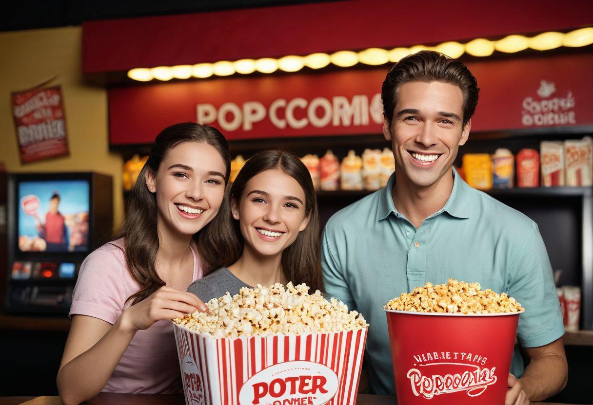 A cozy movie theater scene, featuring a happy couple at a ticket counter, eagerly holding a popcorn bucket overflowing with buttery popcorn. In the background, a large movie poster displays an exciting film title. The atmosphere should be warm and inviting, emphasizing the joy of a movie outing. Include subtle details like a vintage projector and colorful candy jars. vibrant colors. super-realistic.