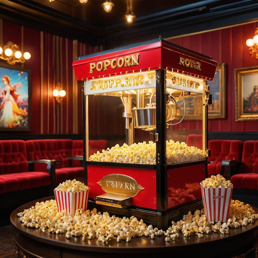 A vibrant cinema scene featuring an ornate popcorn machine overflowing with popcorn, glowing film reels in the background, and a couple enjoying a movie in a plush theater setting. Add magical sparkles and whimsical elements like floating film strips and fairy lights to capture the essence of cinematic magic. super-realistic. vibrant colors. 3D.